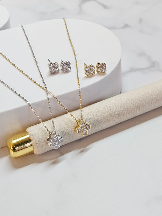 Sparkling Clover Earrings & Necklace Set