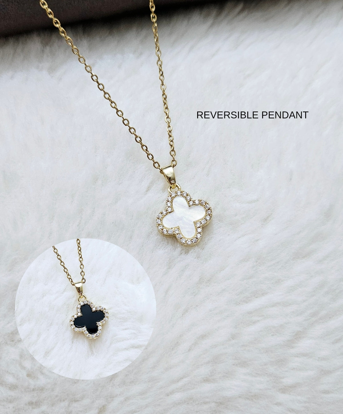 Reversible Black & White Clover Steel Necklace